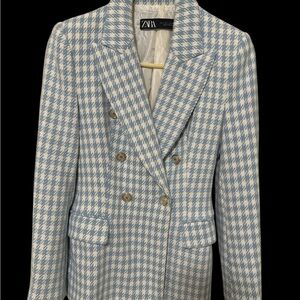 Zara Light Blue and White Checkered Blazer